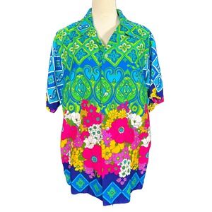 Vintage Maluna Hawaii Mens Large Psychedelic Floral Paisley Acrylic Shirt Blue